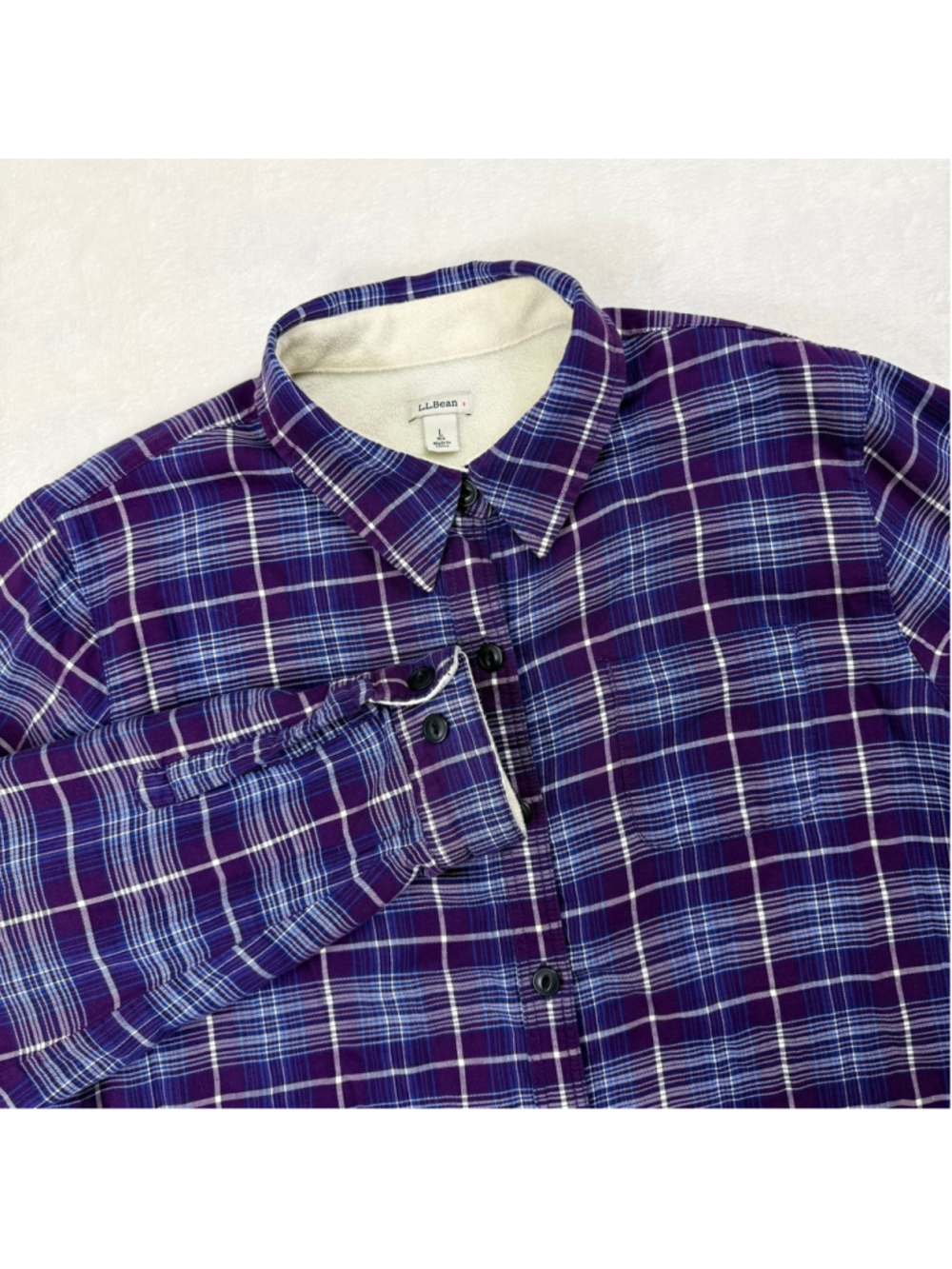 Women's L.L. Bean Fleece Lined Plaid Button Up Shirt Large Purple Blue